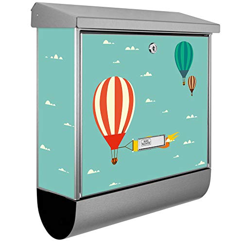 banjado® Burgwächter Briefkasten Edelstahl 38x39x12cm mit Motiv Vier Ballons/Briefkasten Edelstahl ohne Zeitungsfach/Briefkasten grau/Postkasten inkl. Montagematerial & 2 Schlüsseln