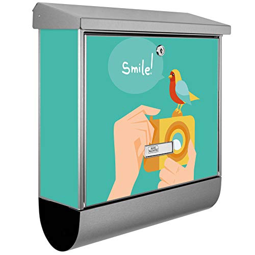 banjado® Burgwächter Briefkasten Edelstahl 38x39x12cm mit Motiv Bitte Lächeln 2 / Briefkasten Edelstahl ohne Zeitungsfach/Briefkasten grau/Postkasten inkl. Montagematerial & 2 Schlüsseln