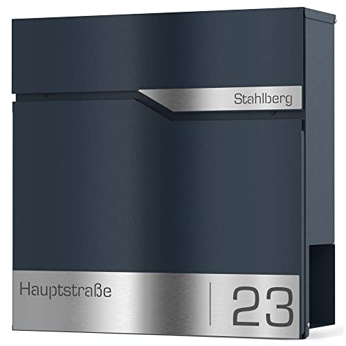 Graviers Design Briefkasten mit Zeitungsfach in Anthrazit RAL 7016 - Postkasten personalisiert Edelstahl Namensschild Straßenname Hausnummer - Wandbriefkasten Briefbox mit Schloss Zeitungsrolle