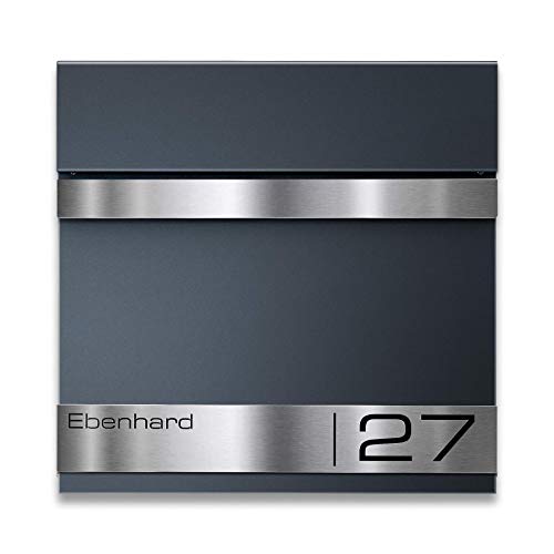 Metzler Exklusiver Briefkasten in Anthrazit Stencil - Inkl. Zeitungsfach - Wandbriefkasten mit Namensschild aus V2A Edelstahl - Pulverbeschichtung in RAL 7016 - Postkasten, Größe: 37 x 37 x 10,5 cm