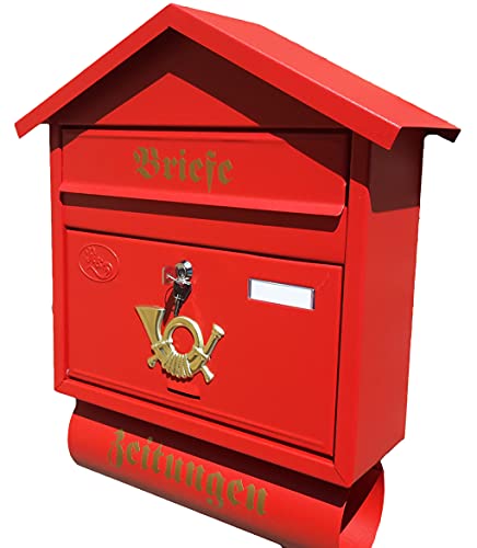 Großer Briefkasten/Postkasten XXL Rot Matt mit Zeitungsrolle Zeitungsfach Spitzdach Zeitungsrohr Wandmontage