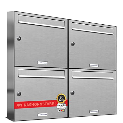 AL Briefkastensysteme 4er Briefkastenanlage aus V2A Edelstahl, Premium Briefkasten DIN A4, 4 Fach Postkasten modern Aufputz