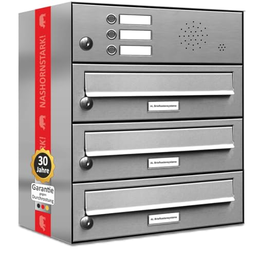 AL Briefkastensysteme 3er Briefkastenanlage mit Klingel, Edelstahl, Premium Briefkasten DIN A4, 3 Fach Postkasten modern Aufputz