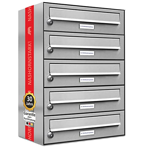 AL Briefkastensysteme 5er Briefkastenanlage Edelstahl, Premium Briefkasten DIN A4, 5 Fach Postkasten modern Aufputz