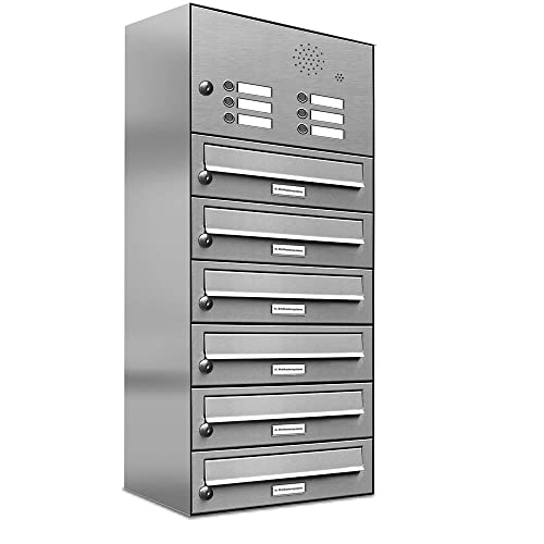 AL Briefkastensysteme 6er Briefkastenanlage mit Klingel, Edelstahl, Premium Briefkasten DIN A4, 6 Fach Postkasten modern Aufputz