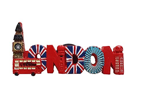 Kühlschrankmagnet mit Londoner Wort und Sehenswürdigkeiten, bunt, Polyresin, Big Ben/Eye, Doppeldecker, roter Bus, Briefkasten, Union Jack-Flagge, Telefonzelle, England, britisches Souvenir
