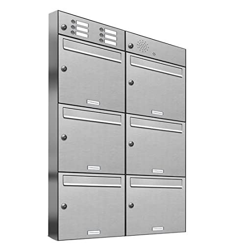 AL Briefkastensysteme 6er Briefkastenanlage mit Klingel, Edelstahl, Premium Briefkasten DIN A4, 6 Fach Postkasten modern Aufputz
