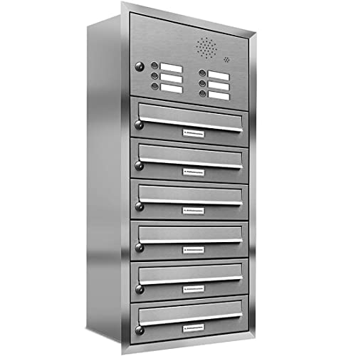 AL Briefkastensysteme, 6er Unterputzbriefkasten, Briefkasten mit Klingel, 6 Fach, Briefkastenanlage modern, rostfrei Edelstahl Postkasten