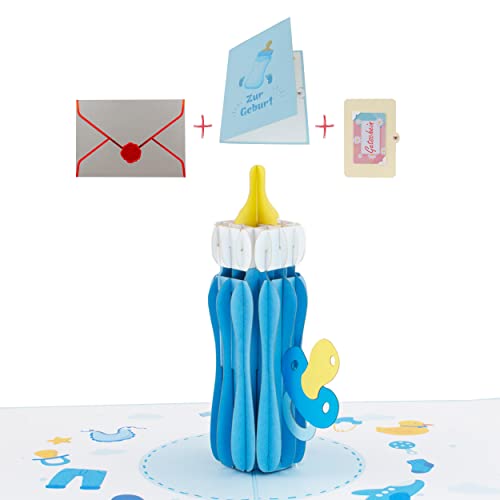 uniqHeart® Handgemachte 3D Pop-Up Karte Baby Flasche - inkl. edlem Wachs-Siegel und elegantem Geschenk-Umschlag - Baby-Karte blau - Junge - Boy - Sohn - Glückwunsch Zur Geburt - Baby-party
