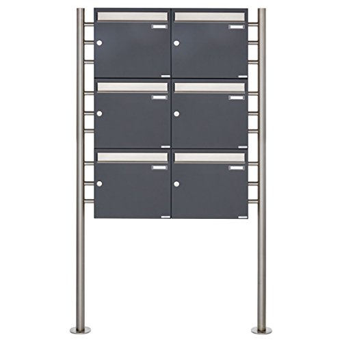 6er Standbriefkasten - 6 fach Briefkastenanlage Design BASIC 381 - Briefkasten Manufaktur Lippe (6 Parteien, senkrecht, Edelstahl/RAL 7016 anthrazitgrau feinstruktur matt)