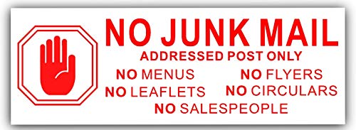 Platinum Place Hinweis-Schild, Warnschild, Aufschrift „Keine Junk Mail, Speisekarten, Flyer, Rundschreiben, Vertreter“, Briefkasten, selbstklebendes Vinyl, Tür, in englischer Sprache