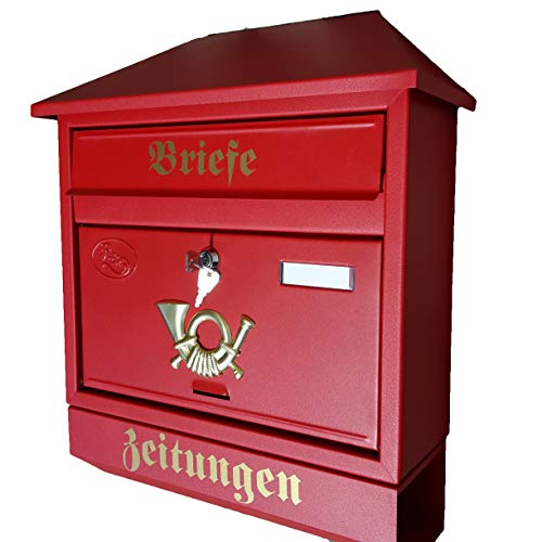 Naturholz-Schreinermeiste r Großer Briefkasten/Postkasten XXL Rot/Matt mit Zeitungsrolle Zeitungsfach Schrägdach Trapezdach