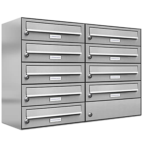 AL Briefkastensysteme 9er Briefkastenanlage Edelstahl, Premium Briefkasten DIN A4, 9 Fach Postkasten modern Aufputz