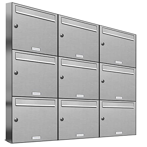 AL Briefkastensysteme 9er Briefkastenanlage Edelstahl, Premium Briefkasten DIN A4, 9 Fach Postkasten modern Aufputz