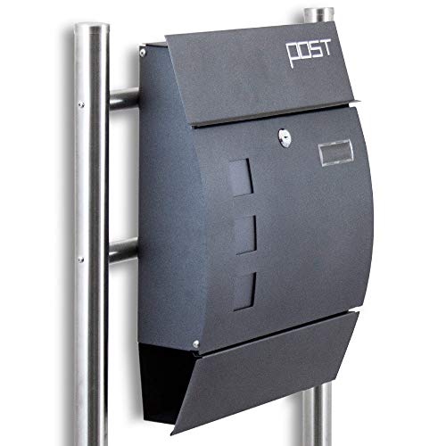 BITUXX® Design Standbriefkasten 16763 Briefkasten Briefkastenanlage Freistehender Postkasten mit Zeitungsfach Anthrazit Graphit Edelstahl