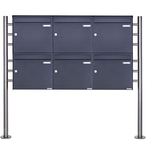 6er Standbriefkasten - 6 fach Briefkastenanlage Design BASIC 381 - Briefkasten Manufaktur Lippe (6 Parteien, waagerecht, RAL 7016 anthrazitgrau feinstruktur matt)