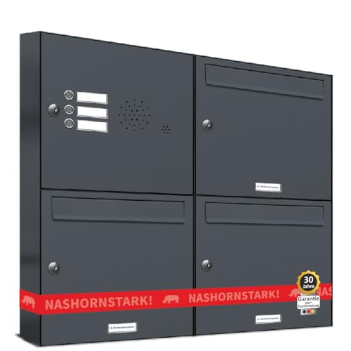 AL Briefkastensysteme 3er Briefkasten in Anthrazitgrau RAL 7016 mit Klingel, 3 Fach Briefkastenanlage Aufputz modern Postkasten