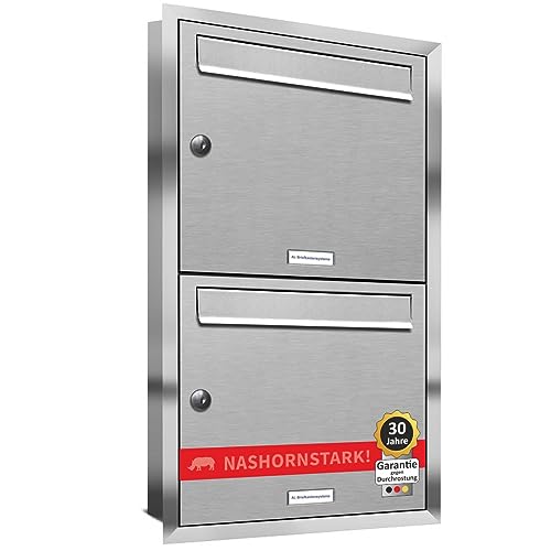 AL Briefkastensysteme, 2er Unterputzbriefkasten, Doppel-Briefkasten rostfrei, 2 Fach Briefkastenanlage modern, Edelstahl Postkasten