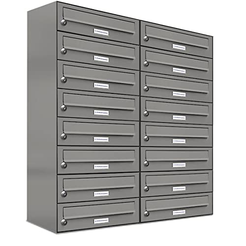 AL Briefkastensysteme 16er Briefkastenanlage Aluminiumgrau RAL 9007, Premium Briefkasten DIN A4, 16 Fach Postkasten modern Aufputz