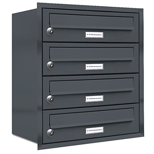 AL Briefkastensysteme, 4er Unterputzbriefkasten in Anthrazit Grau RAL 7016, 4 Fach wetterfeste Briefkastenanlage Design modern