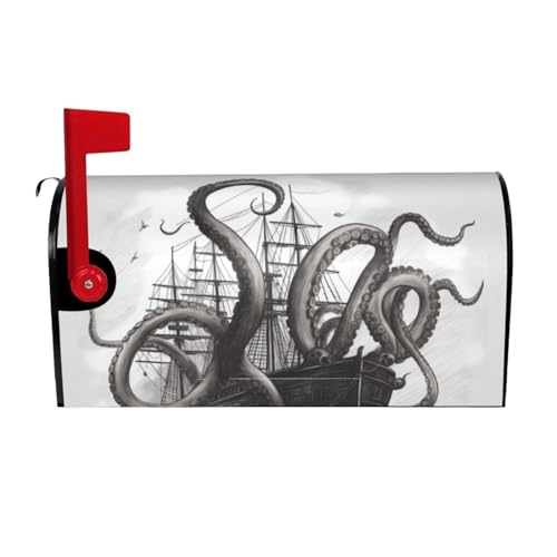 Willkommensbriefkasten-Ab deckung, schwarz und weiß, Oktopus und Schiff, magnetische Briefkasten-Abdeckung, dekorativer Urlaubs-Briefkasten-Abdec kung für Zuhause, Outdoor, Garten, dekorativ