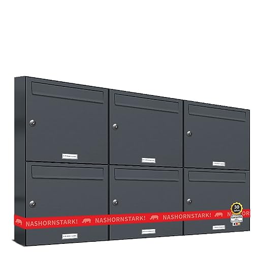 AL Briefkastensysteme 6er Briefkastenanlage Anthrazit Grau RAL 7016, Premium Briefkasten DIN A4, 6 Fach Postkasten modern Aufputz