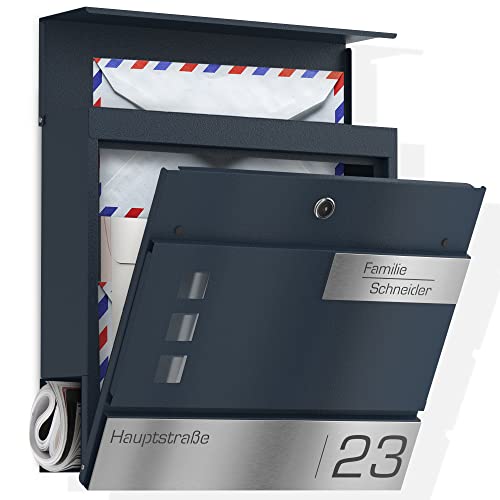 Graviers Design Briefkasten mit Zeitungsfach in Anthrazit RAL 7016 - Sichtfenster Postkasten personalisiert Edelstahl Name Straße Hausnummer - Wandbriefkasten Briefbox mit Schloss Zeitungsrolle