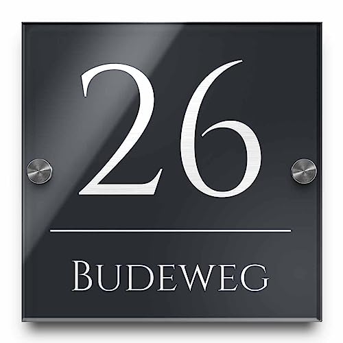 Hausnummer mit Gravur Straße und Ziffern Zahlen wetterfest in versch. Größen ab 16x16 cm quadtratisch Edles Hochglanz Acrylglas in schwarz und anthrazit Hausnummern Schild für Garten Haus
