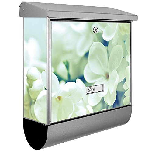 banjado® Burgwächter Briefkasten Edelstahl 38x39x12cm mit Motiv Weiße Blüten/Briefkasten mit Zeitungsfach/Briefkasten mit Zeitungsrolle/Postkasten inkl. Montagematerial & 2 Schlüsseln