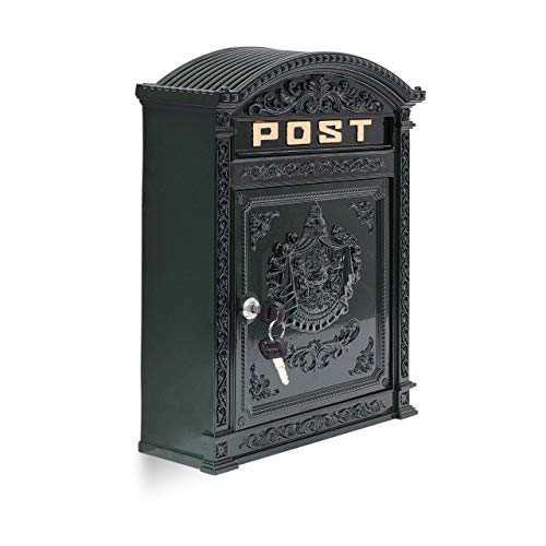 Relaxdays Briefkasten Antik Englischer Wandbriefkasten aus Aluguss mit breitem Briefschlitz für DIN A4 Umschläge HBT: 44,5 x 31 x 9,5 cm nostalgischer Postkasten mit rundem Dach, grün