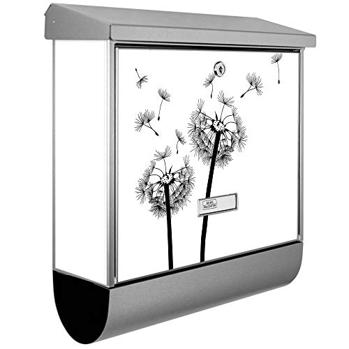 banjado® Burgwächter Briefkasten Edelstahl 38x39x12cm mit Motiv Pusteblume 2 / Briefkasten Edelstahl ohne Zeitungsfach/Briefkasten grau/Postkasten inkl. Montagematerial & 2 Schlüsseln