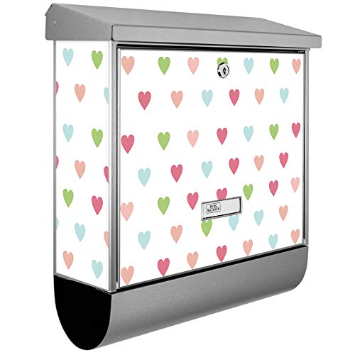 banjado® Burgwächter Briefkasten Edelstahl 38x39x12cm mit Motiv Herzen Auf Weiß/Briefkasten Edelstahl ohne Zeitungsfach/Briefkasten grau/Postkasten inkl. Montagematerial & 2 Schlüsseln