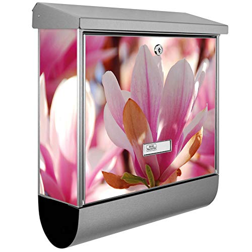 banjado® Burgwächter Briefkasten Edelstahl 38x39x12cm mit Motiv Magnolia/Briefkasten Edelstahl ohne Zeitungsfach/Briefkasten grau/Postkasten inkl. Montagematerial & 2 Schlüsseln