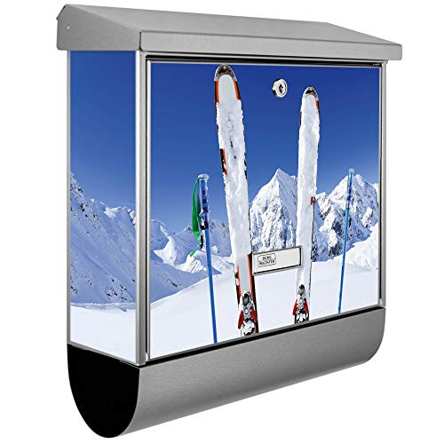 banjado® Burgwächter Briefkasten Edelstahl 38x39x12cm mit Motiv Apres Ski/Briefkasten Edelstahl ohne Zeitungsfach/Briefkasten grau/Postkasten inkl. Montagematerial & 2 Schlüsseln