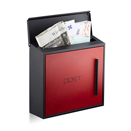 Relaxdays Briefkasten rot modern Zweifarben Design, DIN-A4 Einwurf, Stahl, groß, HxBxT: 33 x 35 x 12,5 cm, schwarz-rot