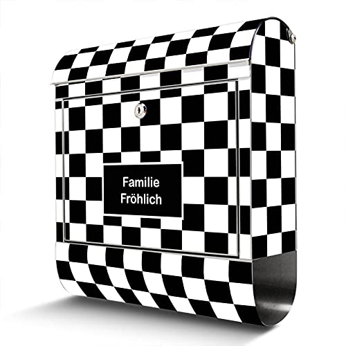 banjado® Briefkasten Edelstahl personalisiert mit Motiv Karo Schwarz 38x43x12cm & 2 Schlüssel - rostfreier Edelstahl Briefkasten mit Zeitungsfach - Postkasten A4 Einwurf inkl. Montagematerial