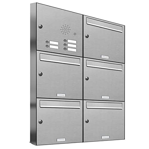 AL Briefkastensysteme 5er Briefkastenanlage mit Klingel, Edelstahl, Premium Briefkasten DIN A4, 5 Fach Postkasten modern Aufputz