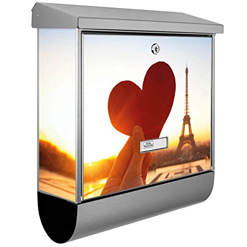 banjado® Burgwächter Briefkasten Edelstahl 38x39x12cm mit Motiv Stadt Der Liebe/Briefkasten Edelstahl ohne Zeitungsfach/Briefkasten grau/Postkasten inkl. Montagematerial & 2 Schlüsseln