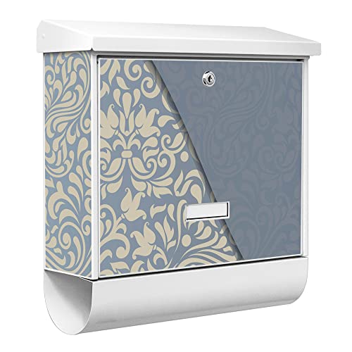 banjado® Burgwächter Briefkasten Weiß 38x39x12cm mit Motiv Blaues Ornament/Briefkasten mit Zeitungsfach/Briefkasten mit Zeitungsrolle/Postkasten inkl. Montagematerial & 2 Schlüsseln