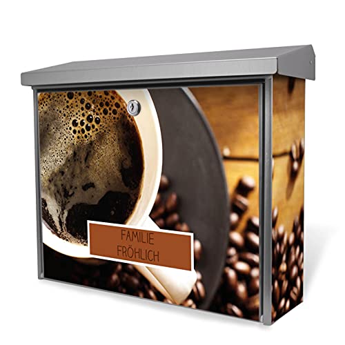 banjado® Burgwächter Briefkasten Edelstahl 38,5x31,5x12cm mit Motiv Kaffee&Schokolade/Briefka sten Edelstahl ohne Zeitungsfach/Briefkasten grau/Postkasten inkl. Montagematerial & 2 Schlüsseln