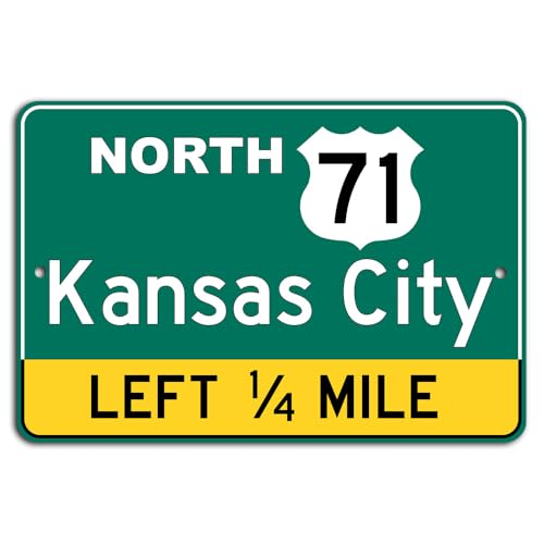 Route 71: Kansas City voraus - Grünes Schild Nostalgie blechschilder retro mit sprüchen vintage home deko 12x8 inch/30x20cm