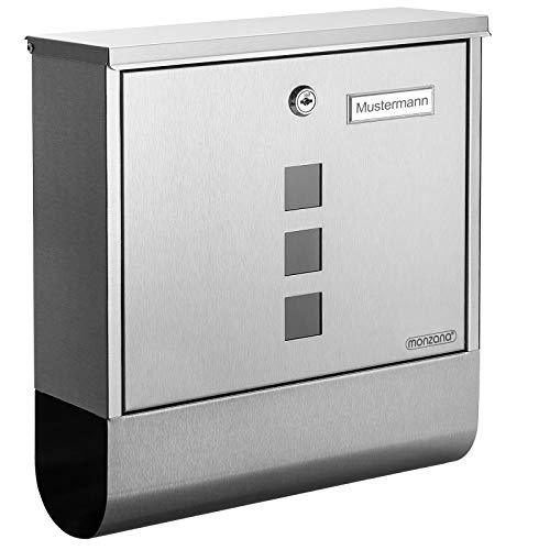 Monzana Design Briefkasten Edelstahl Silber mit Zeitungsfach Sichtfenster 2 Schlüssel Namensschild Wandbriefkasten