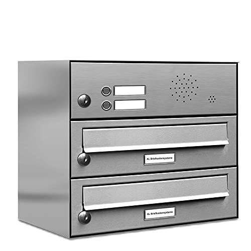 AL Briefkastensysteme 2er Briefkastenanlage mit Klingel Edelstahl, Premium Doppel-Briefkasten DIN A4, 2 Fach Postkasten modern Aufputz