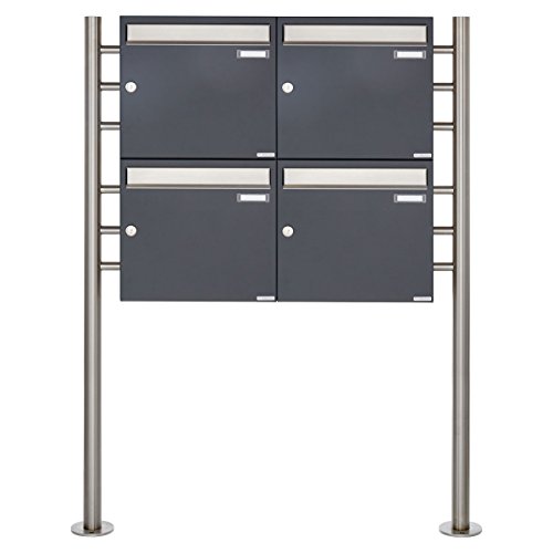 4er Standbriefkasten - 4 fach Briefkastenanlage Design BASIC 381 - Briefkasten Manufaktur Lippe (4 Parteien, Edelstahl/RAL 7016 anthrazitgrau feinstruktur matt)