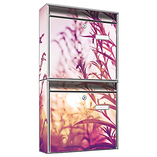 banjado® Briefkastenanlage 2 Fach 36x64x10cm mit Motiv/Briefkasten groß mit Namensschild/Postkasten A4 Einwurf inkl. Montagematerial & je 2 Schlüsseln/Briefkasten ohne Zeitungsfach