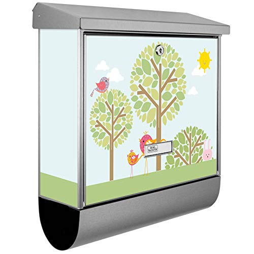 banjado® Burgwächter Briefkasten Edelstahl 38x39x12cm mit Motiv DREI Bäume/Briefkasten Edelstahl ohne Zeitungsfach/Briefkasten grau/Postkasten inkl. Montagematerial & 2 Schlüsseln