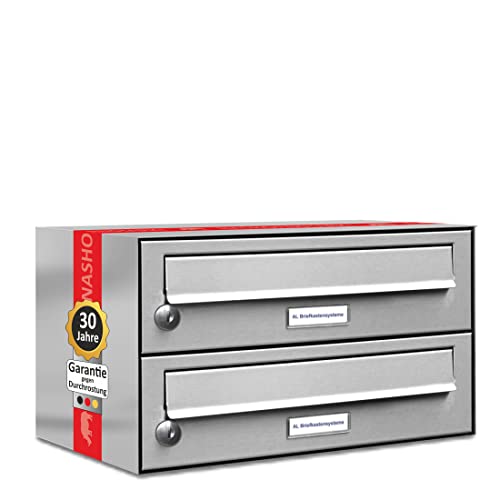 AL Briefkastensysteme 2er Briefkastenanlage Edelstahl, Premium Doppel-Briefkasten DIN A4, 2 Fach Postkasten modern Aufputz