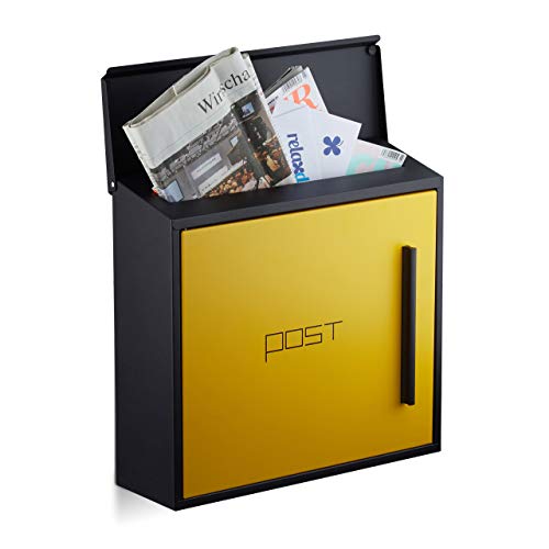Relaxdays Briefkasten gelb modern Zweifarben Design, DIN-A4 Einwurf, Stahl, groß, HxBxT: 33 x 35 x 12,5 cm, schwarz-gelb