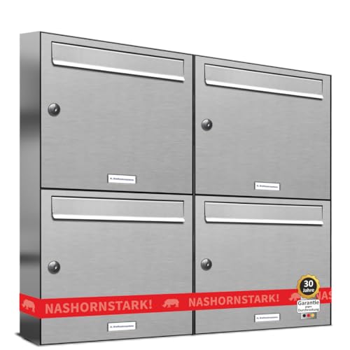 AL Briefkastensysteme 4 er Briefkastenanlage Edelstahl, Premium Briefkasten DIN A4, 4 Fach Postkasten modern Aufputz