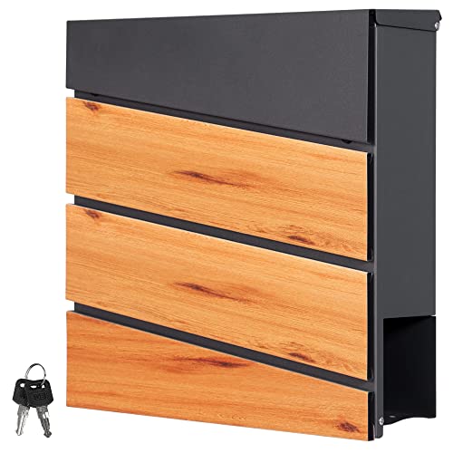ML-Design Briefkasten 37x36,5x11 cm Anthrazit/Holzoptik aus Stahl, Postkasten mit Zeitungsfach, Abschließbar mit 2 Schlüssel, Moderner Design Wandbriefkasten mit Zeitungsrolle, Mailbox für Wandmontage